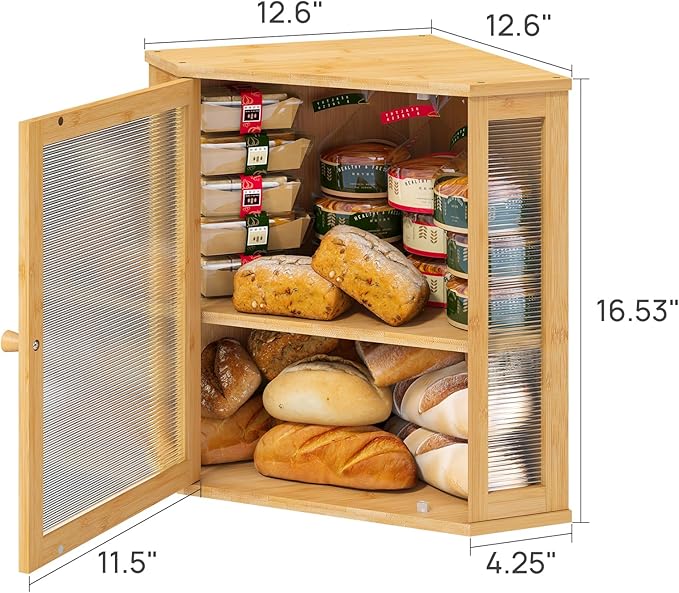 Corner Bread Box for Kitchen Counter, Bamboo Wood Large Capacity Bread Storage Bin with Acrylic Wavy Door Panel (Natural, Extra Large)