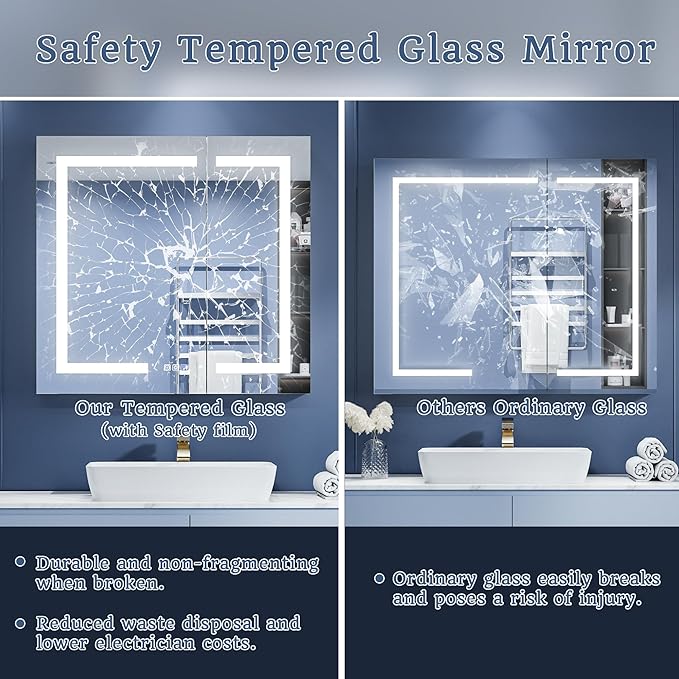 ExBrite LED Lighted Bathroom Medicine Cabinet with Mirror, 32 x 30 Inch, Recessed or Surface Mount, Anti-Fog, Stepless Dimming, Color Temperature Change, Built-in 6000K Sensor Light, Storage Shelves