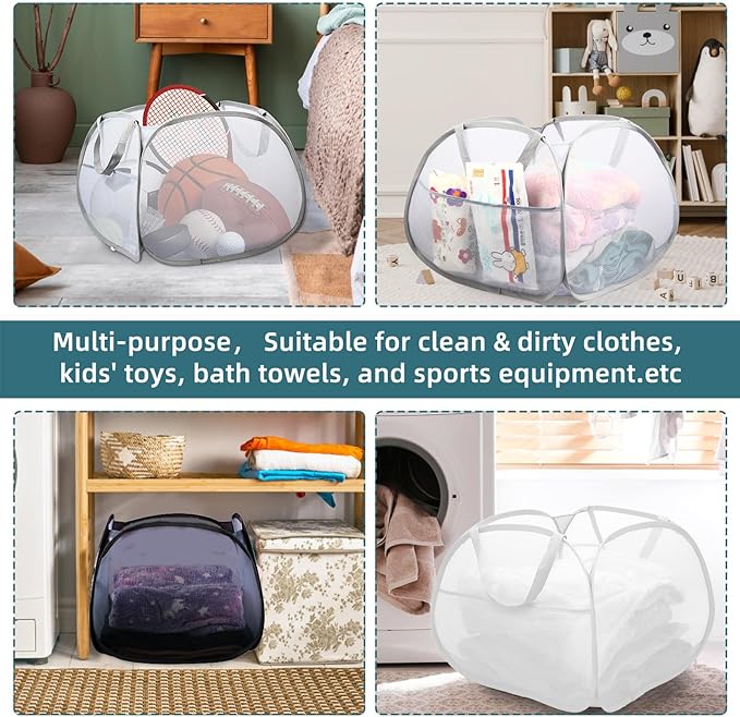 Collapsible Laundry Basket, 90L Large Foldable Mesh Pop Up Hamper for Laundry, Dirty Clothes, Bedroom, Bathroom, Dorm, Laundry Room, Travel, Camping, White