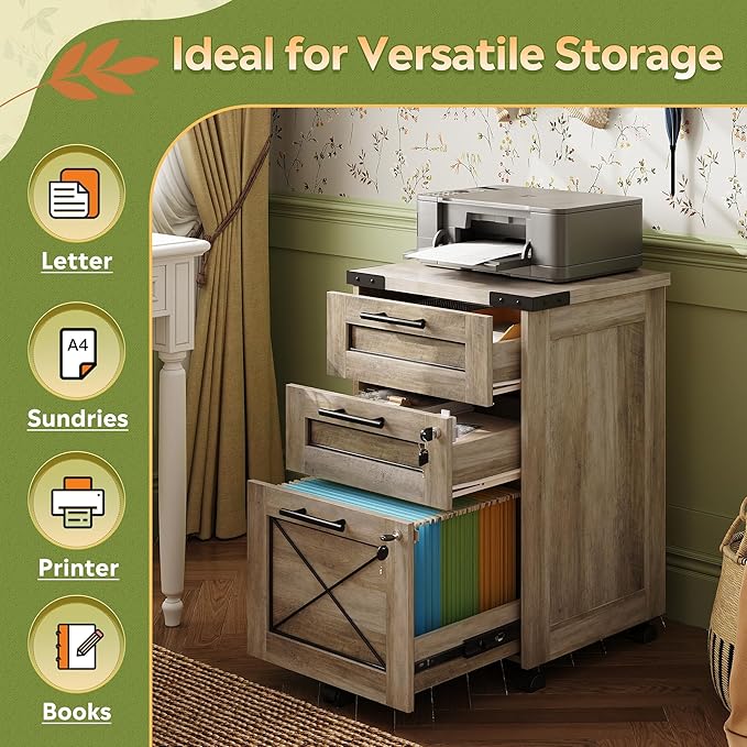 DEVAISE 3-Drawer File Cabinet with Hanging Files, Mobile Rolling Storage Cabinet for Home Office, Printer Stand, Farmhouse Style, Gray Oak