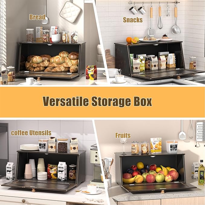 Vintage Bread Box for Kitchen Countertop, Retro Design Bread Storage Container, Farmhouse Wooden Counter Breadbox, Small Bamboo Bread Bin Holder for Homemade Bread, Black