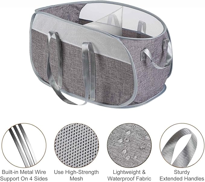 Collapsible Laundry Baskets, 2 Compartment Pop Up Mesh Hamper Foldable 75L Large Capacity Dirty Cloths Basket, Lightweight Foldable Laundry Basket for LaundryRoom, Bathroom or Travel (Grey)