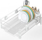 Simple Houseware White Dish Drying Rack with Drainboard, Utensil Holder & Mug Hooks – Metal Kitchen Counter Organizer