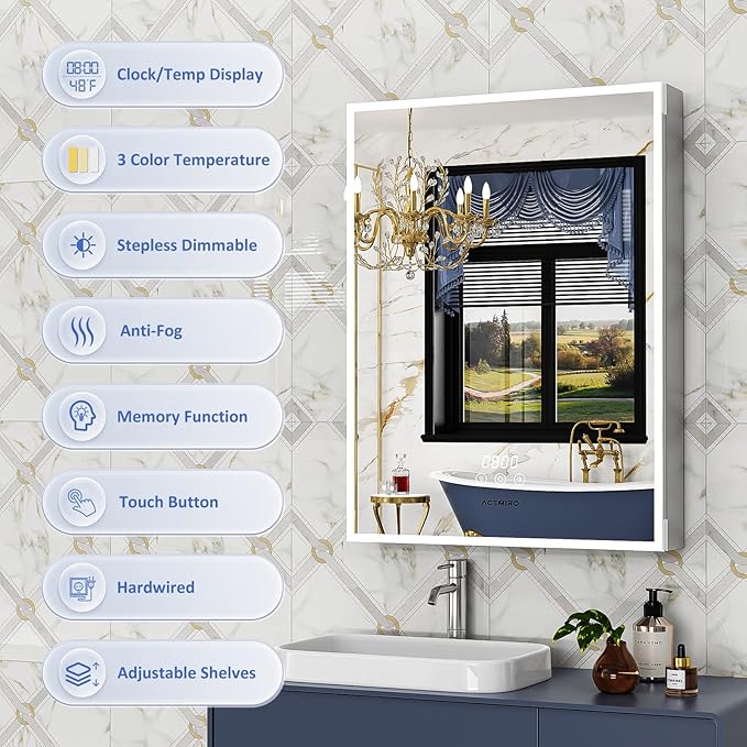 24"×32" Bathroom Medicine Cabinet with Mirror, Surface or Recessed Lighted Medicine Cabinet, 3-Color Dimmable Lights, Defogger, Bathroom Mirror with Outlet, Clock&Temp Display, Door Left Open