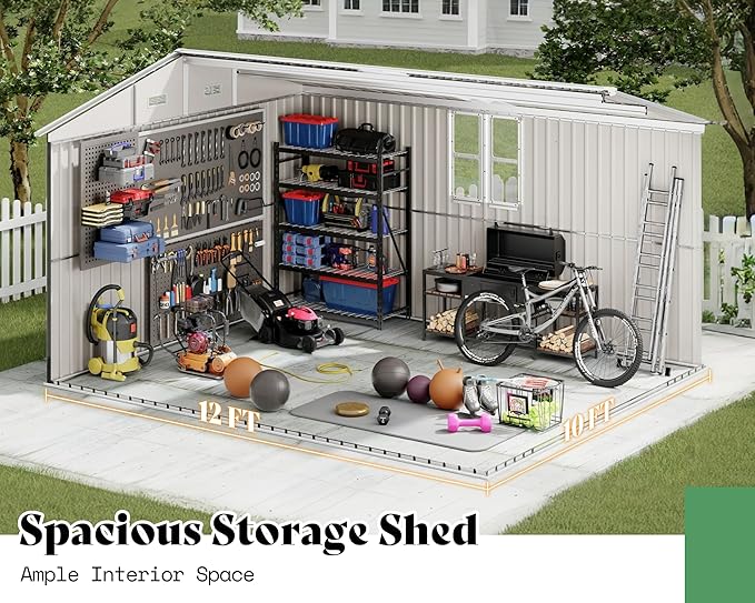 AMERLIFE 10x12x7 FT Outdoor Storage Shed with 2 Transparent Panels, Metal Garden Shed with Hinged Double Doors, 2 Windows & 4 Vents, Reinforced Steel Frame for Backyard, Garden, Dark Gray