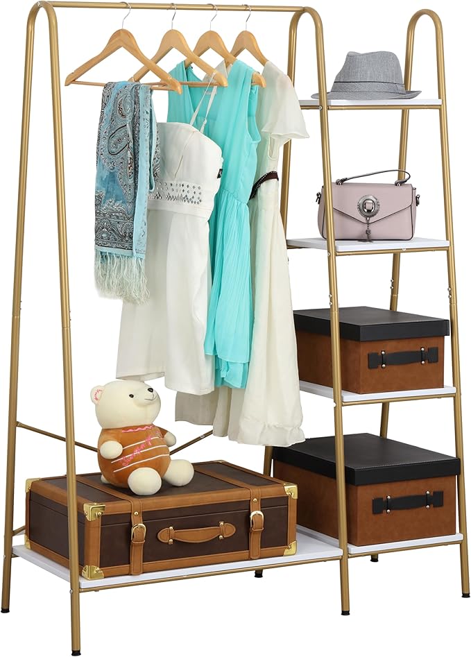 Finnhomy Clothes Rack, Clothing Rack for Hanging Clothes Heavy Duty Garment Rack with 5 Wood Shelves Freestanding Portable Closet Organizer for Bedroom/Entryway/Boutiques，Gold