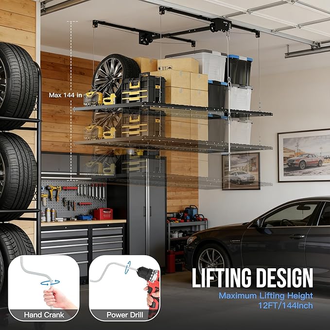 Overhead Garage Storage Rack Lift, 4x8 ft Ceiling Mounted Storage Racks, 12FT Max Adjustable Height, 800lbs Weight Capacity, Heavy-Duty Metal Ceiling Rack for Organization