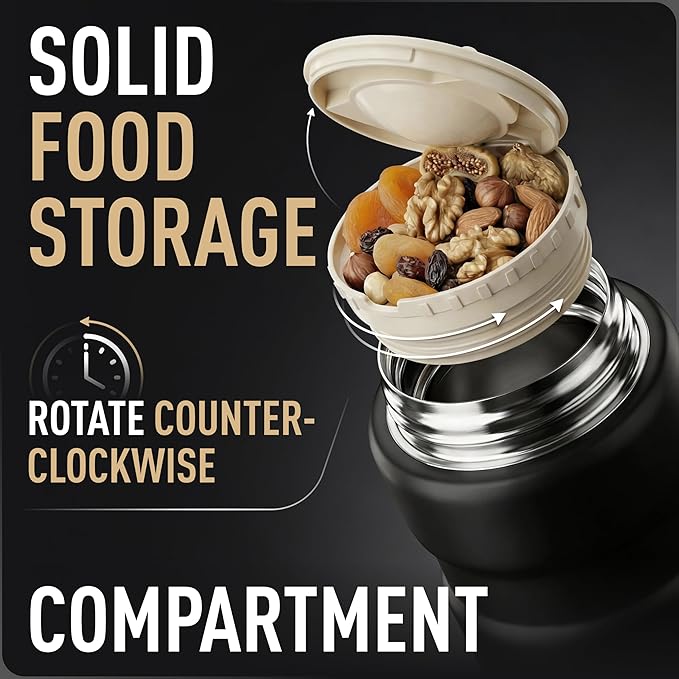 Earth&ME Stainless Steel Thermo For Hot Food 17OZ with Folding Spoon, Vacuum Insulated Food Container, Soup Thermo with Wide Mouth, Insulated Food Jar for Hot & Cold Food, Black