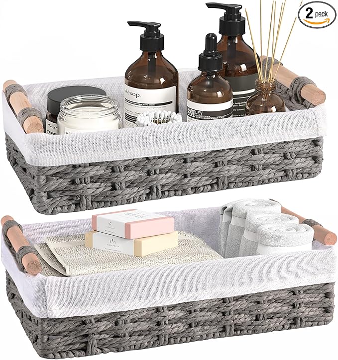 HomeHacks 2 Pack Storage Basket Paper Rope Baskets for Organizing with Handle Decorative Storage Bins for Countertop Toilet Paper Basket for Toilet Tank Top Small Baskets, Grey