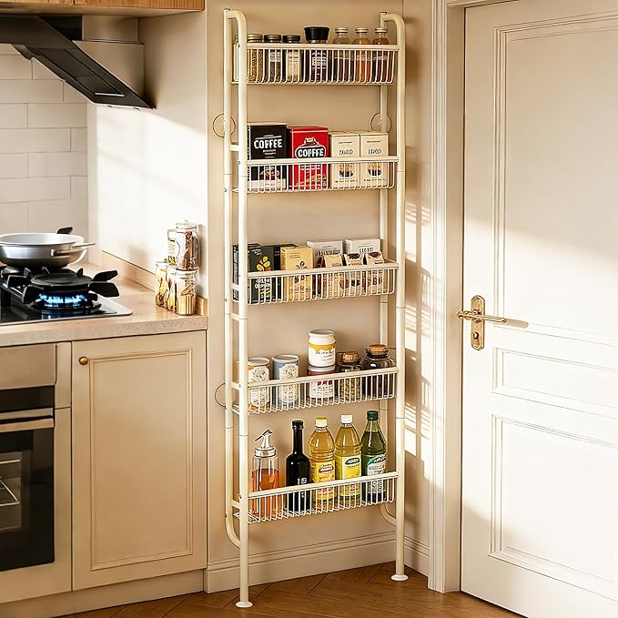 Behind The Door Narrow Bookshelves Pantry Spice Rack 5-Tier Slim Metal Space-Saving Organizer for Bathroom Closet Kitchen Living Room Sturdy Room Laundry Room, White