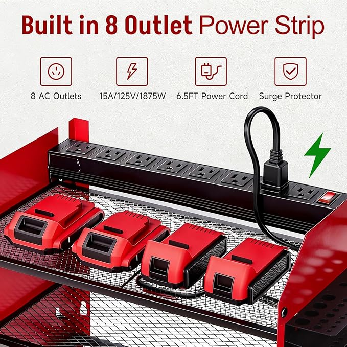 Power Tool Organizer Wall Mount with Charging Station, Heavy Duty 3 Layers Tool Storage Rack with 4 Cordless Drill Holder, Battery Holder with 8 Power Strip, Ideal for Garage, Warehouse, Workshop