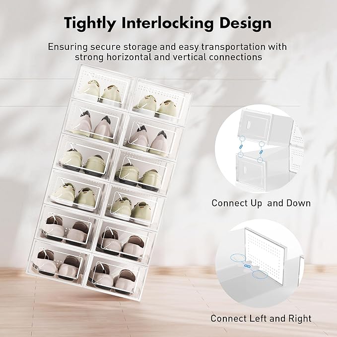Shoe Storage Box, 15 Pack Clear Plastic Stackable Shoe Organizer for Closet, Interlocking Design Shoe Container Bins for Sneakers, Foldable Shoe Rack with Lids, White