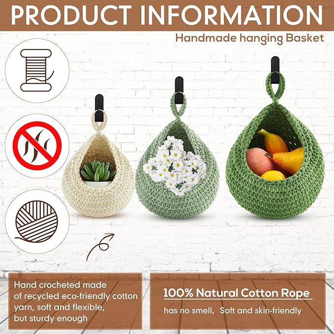 Honeydak Boho Decor Hanging Wall Baskets for Kitchen 3 Pack Teardrop Baskets with Hooks Storage Fruit Onion Vegetable Potato for Home 3 Sizes
