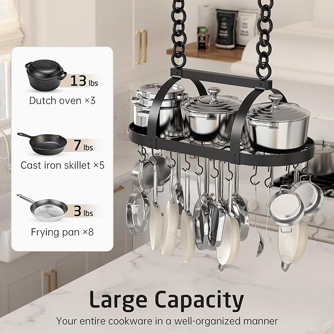 KES Ceiling Pot Rack 34-Inch Hanging Pot Rack for Kitchen Oval Pot and Pan Rack Matte Black Pot Hanger with 20 S Hooks (For 16" and 24" Joist), KUR221S85-BK