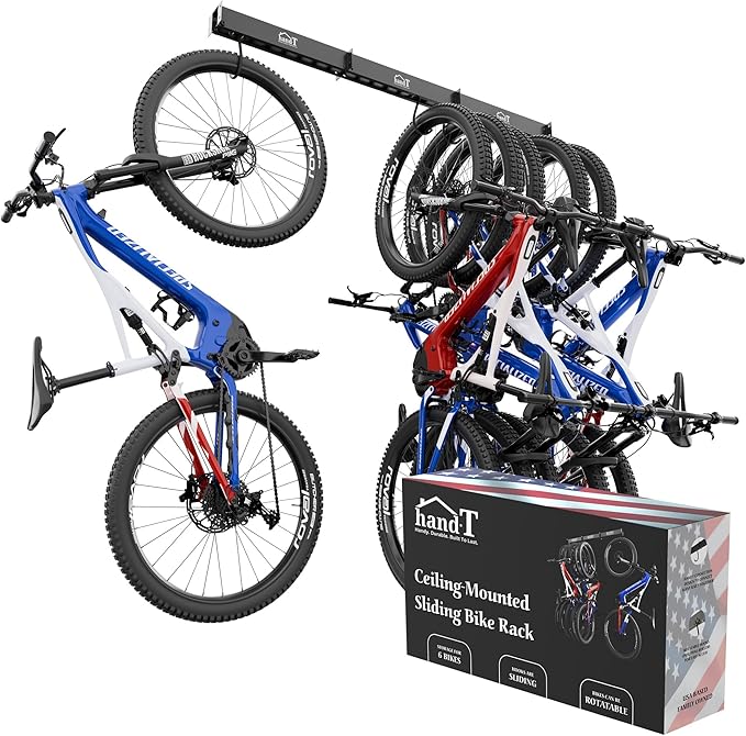 USA Based Ceiling Bike Hanger Slide Mount Up To 6 Bikes, Sliding Garage Bicycle Storage, 51" Heavy Duty Hanging Hook Racks 450lbs Limit, Overhead Mounted Hangers for Storing Bicycles | Black