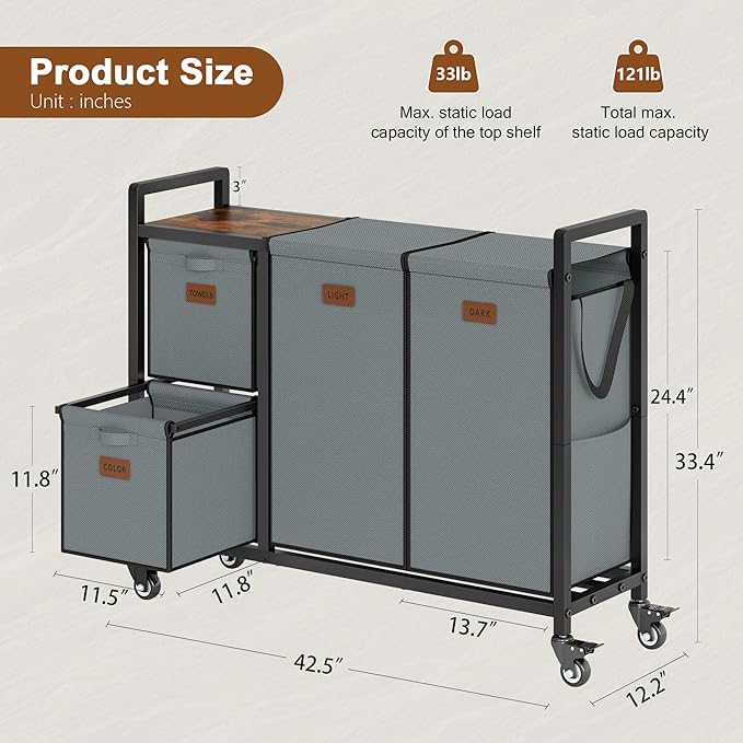Hoctieon 4 Section Laundry Cart, 48 Gal. (182L) Laundry Hamper with Lid, Laundry Basket with Wheels, Rolling Laundry Sorter Organizer with Shelf, Clothes Separator with Removable Bags, Gray