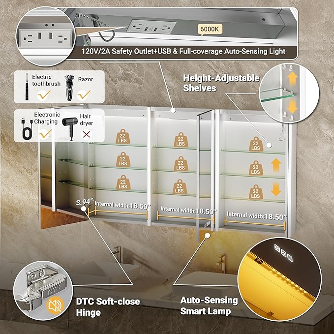 60x30 Lighted Medicine Cabinet Mirror with Lights & Smart Night Lamp -Surface or Recessed Medicine Cabinet with Outlet & Clock,Fogless Dimmable LED Storage Mirror,Built-in Sensor Light