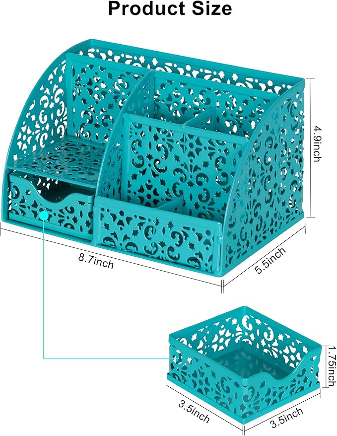 EasyPAG Desk Organizer and Pen Holder for Desk, Mesh Office Supplies Storage Caddy with Drawer for Small Space, Desktop Organizer for Home Office, Dark Teal