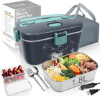 Electric-Lunch-Box-Heated-Food-Warmer 100W Heating Lunchbox for Adults 1.8L Portable Food Heater for Work/Car, 12V/24V/110-230V Lonchera Eléctrica Portátil with Fork Spoon (Gray+Green)