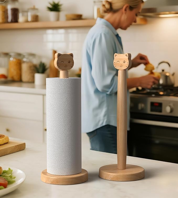 Cute Wooden Paper Towel Holder Stand - Kitchen Paper Hanger Rack Bathroom Towel Roll Stand Organizer Simply Standing Countertop Paper Roll Holder, Cat