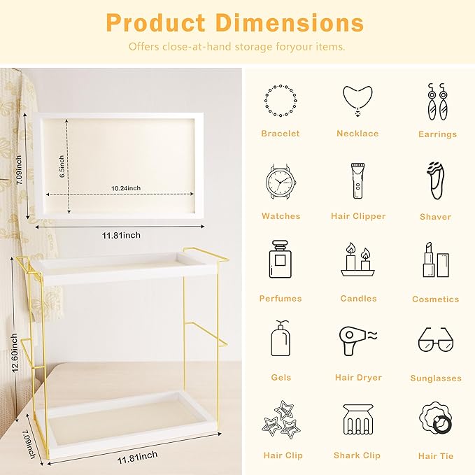 Emfogo Perfume Organizer for Women, 2 Tier Wooden and Metal Cologne Organizer for Men, Large Capacity Perfume Stand Holder Tray for Vanity Bathroom Countertop Organizers and Storage (White and Gold)