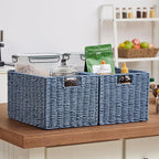 Vagusicc Wicker Storage Basket, Set of 2 Hand-Woven Paper Rope Wicker Basket, Small Storage Baskets for Organizing Toilet Paper Basket, Foldable Large Cube Storage Organizer Bins for Shelves (Blue)