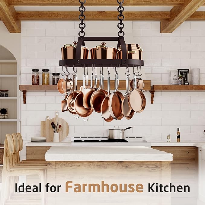 KES 34 Inch Oiled Bronze Hanging Pot Rack, Heavy Duty Oval Pot and Pan Hanging Rack Ceiling Mount, Pot Pan Hangers for Kitchen with 20 Hooks, (For 16" and 24" Joist Mount), KUR221S85-OB