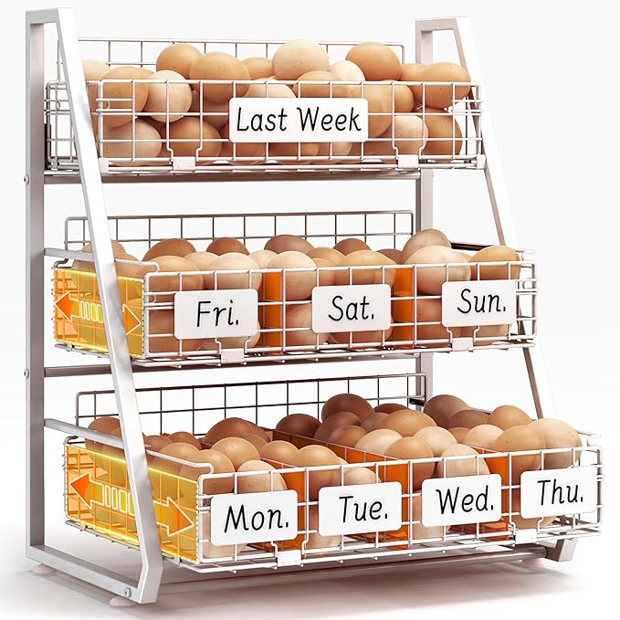 Upgraded Egg Holder Countertop with Removable 5 Dividers & Date Plate, 3 Tier Pull Out Large Egg Basket for Gathering Fresh Eggs, Kitchen Organizer, The Size - 6.7“x16.6”x11.3