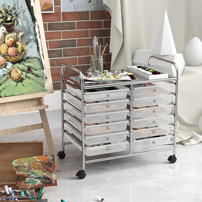 GOFLAME 12-Drawer Rolling Storage Cart, Multifunctional Art Craft Organizer Cart, Mobile Utility Storage Cart with Removable Drawers & Lockable Wheels, Craft Cart for Home Office School, Clear