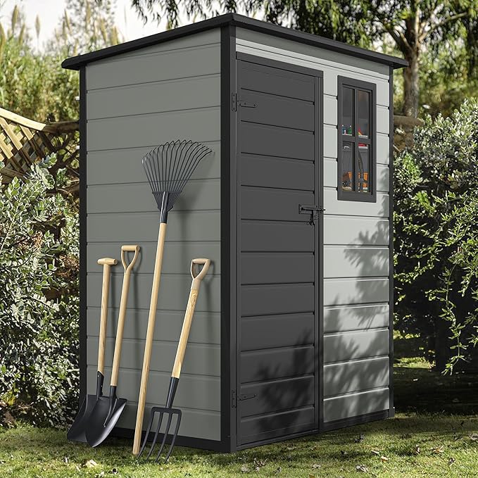 DWVO 5x3ft Resin Outdoor Storage Shed with Floor, Waterproof Lockable Storage Shed with Window, Plastic Outside Tool Storage for Garden, Backyard, Patio, Lawn,Blue-Gray+Black