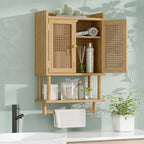 AmazerBath Bathroom Wall Cabinets, Bamboo Medicine Cabinet with Rattan Door, Over The Toilet Storage Cabinet with Towel Bar, Wall Mounted Cabinet with Adjustable Shelves for Small Spaces