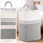 Laundry Basket Hamper,Blanket Storage,Dirty Clothes Hamper with Swivel Handles,Woven Cotton Rope Toy Baskets,Blanket Basket Living Room,Decorative Hampers for Nursery,Bedroom,White & Gray,100L
