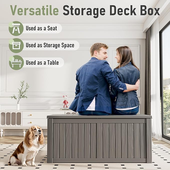 KAMABOKO Outdoor Storage Box, 120 Gallon Large Outdoor Resin Deck Box, Storage Waterproof Boxes Lockable Lid for Garden Tools, Pool Supplies, Patio Furniture and Cushions, Grey