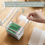 KIMCHOMERSE Large Qtip Holder, Cosmetic Organizer with Carry Handle, Adjustable 3 Compartments Qtip Dispenser for Swabs, Cotton Pads, Small Items Storage Organizer for Desktops and Drawers - Clear