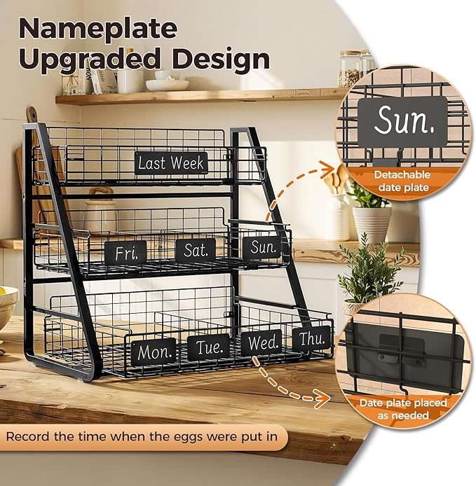 Upgraded Egg Holder Countertop with Removable 5 Dividers & Date Plate, 3 Tier Pull Out Large Egg Basket for Gathering Fresh Eggs, Kitchen Organizer, The Size - 6.7“x16.6”x11.3"