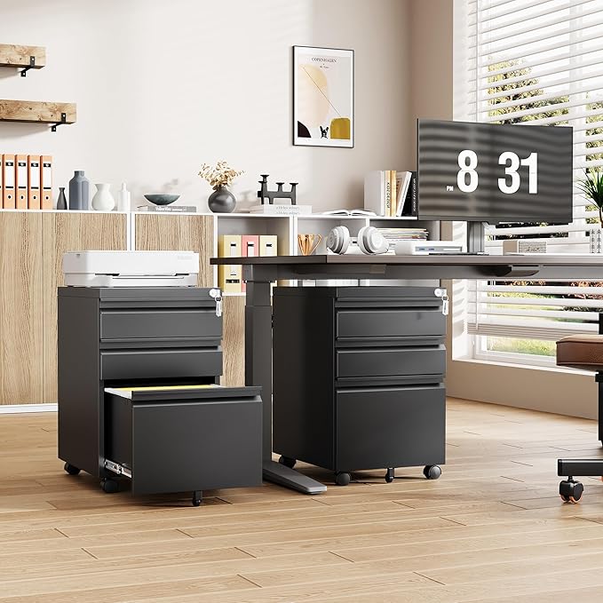 3 Drawer Mobile File Cabinet with Lock,Under Desk Rolling File Cabinet for Home Office Fits Legal/Letter/A4 File (Unassembled,Black)