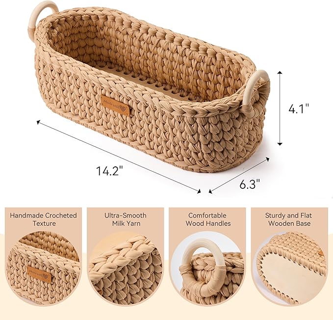 Handwoven Toilet Paper Storage Basket with Wooden Base & Handles - Boho Modern Decor Organizer for Bathroom, Bedroom, Nursery Shelf (Brown)