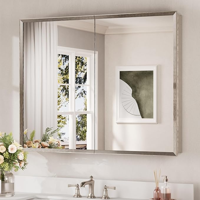 Keonjinn Medicine Cabinet Mirror 40" x 32", Assembly Needed, Brushed Nickel Medicine Cabinet with Mirror for Bathroom, Beveled Framed, Adjustable Shelves, Wall-Mounted or Recessed, Tempered Glass