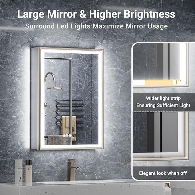 Lighted Medicine Cabinet with Mirror, 20x26 Beveled Brushed Nickel Framed Surface or Recessed Fogless Dimmable LED Medicine Cabinet with Outlet, Time Display and Sensor Inner Light