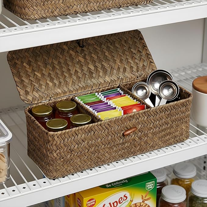 2 PCS Seagrass Storage Basket with Lid, Boho Small Woven Shelf Basket Rectangular Toilet Roll Bin 3-Section Divided Organizer for Snack Tampon Bathroom Closets Pantry Coffee Table Counter