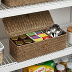 2 PCS Seagrass Storage Basket with Lid, Boho Small Woven Shelf Basket Rectangular Toilet Roll Bin 3-Section Divided Organizer for Snack Tampon Bathroom Closets Pantry Coffee Table Counter