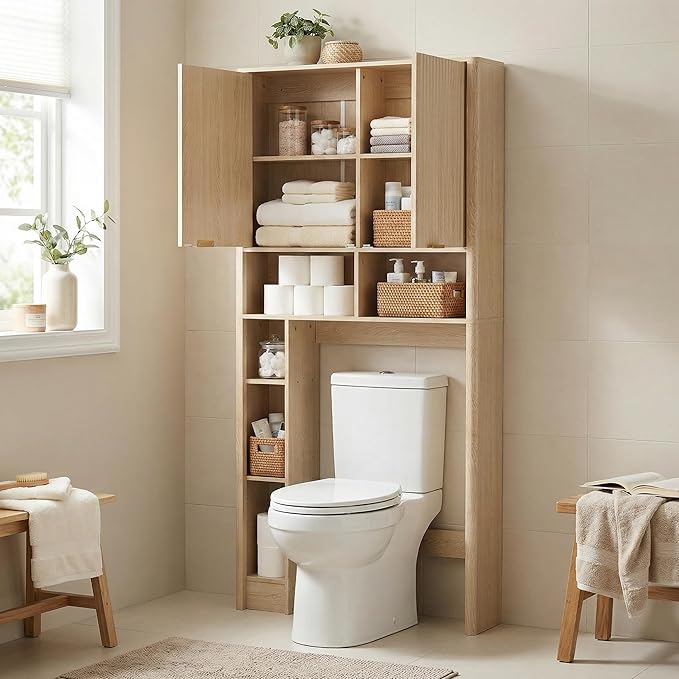 31''W Over The Toilet Storage Cabinet with Fluted Door, Oak Bathroom Organizer with Adjustable Shelf, 67''H Tall Natural Toilet Paper Holder Stand Wave Door for Restroom, Laundry Room