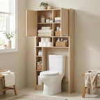31''W Over The Toilet Storage Cabinet with Fluted Door, Oak Bathroom Organizer with Adjustable Shelf, 67''H Tall Natural Toilet Paper Holder Stand Wave Door for Restroom, Laundry Room