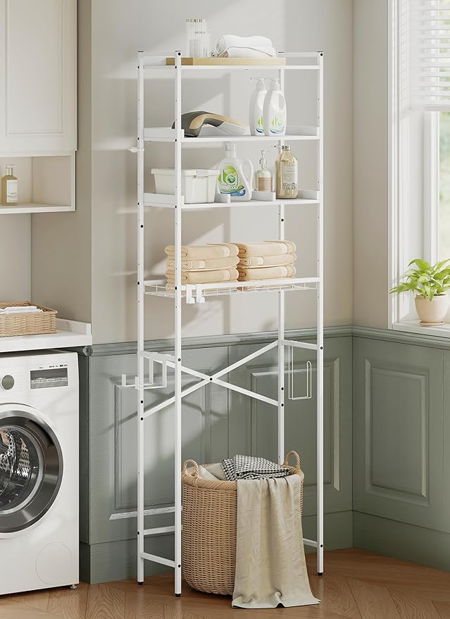 4 Tier Over The Toilet Storage Shelf with 3 Adjustable Shelves, Space Saver Bathroom Organizer with 4 Hooks, Freestanding Above Toilet Rack for Restroom Laundry (White)