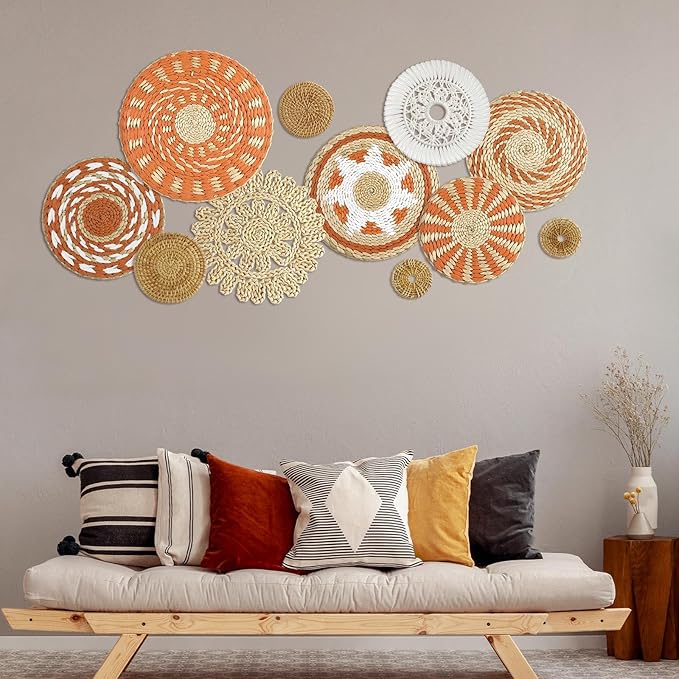 Tatuo 11 Pcs Boho Wall Basket Decor Decorative Bulrush Woven Basket Wall Decor Art Round Farmhouse Hanging Baskets for Kitchen Rustic Home Summer Decorations, Multi Sizes(Delicate)