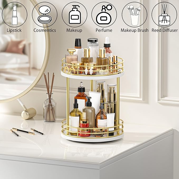 Bathroom Organizer Countertop,2 Tier Rotating Makeup Organizer Countertop for Vanity,Wooden Bathroom Counter Storage Shelf,Lazy Susan Turntable for Perfume,Skincare,Cosmetic (White-Gold)