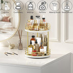 Bathroom Organizer Countertop,2 Tier Rotating Makeup Organizer Countertop for Vanity,Wooden Bathroom Counter Storage Shelf,Lazy Susan Turntable for Perfume,Skincare,Cosmetic (White-Gold)