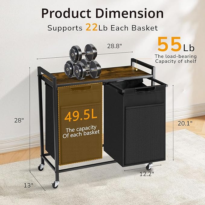 Laundry Sorter, Laundry Basket with 2 Pull-Out Removable Oxford Fabric Bags, 2 x 13.1 Gallons, Total 99L, Cloth Laundry Hamper with a Top Shelf 28.8"x13" (Black and Rust)