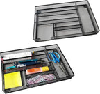 Desk Drawer Organizer Metal Mesh Drawer Organizer Tray for Office School or Home Supplies Desktop Storage Stationery, 6 Compartments, 12.6 x 8.27 x 1.57 inch，Black (2pc pack)