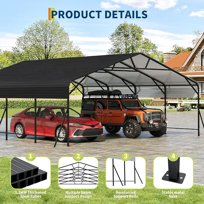 Metal Car Port, 20x20x9FT Metal Garage with Steel Frame, Heavy Duty Carports for Car, Boats and Tractor
